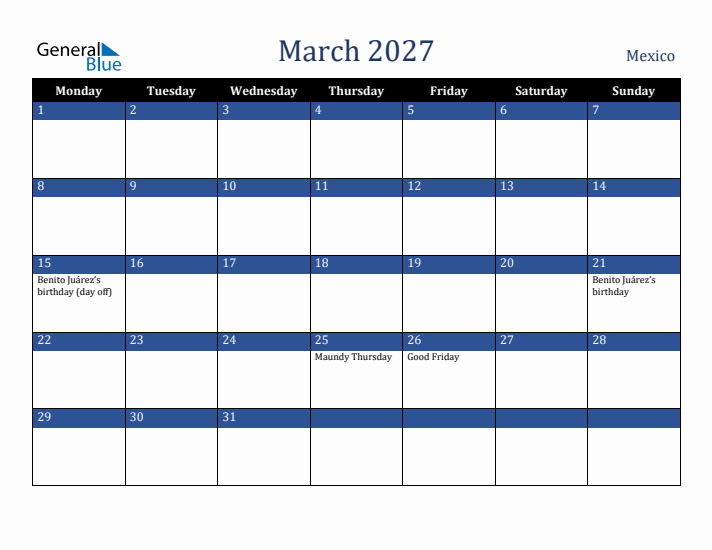 March 2027 Mexico Calendar (Monday Start)