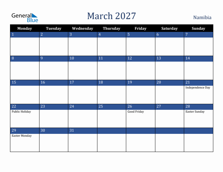 March 2027 Namibia Calendar (Monday Start)