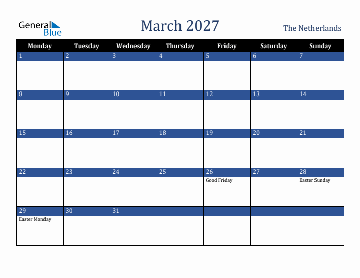 March 2027 The Netherlands Calendar (Monday Start)