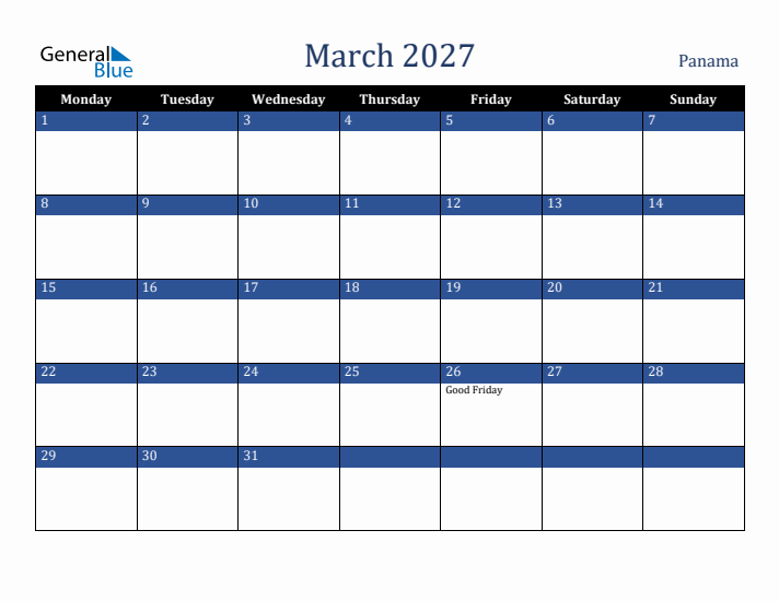 March 2027 Panama Calendar (Monday Start)