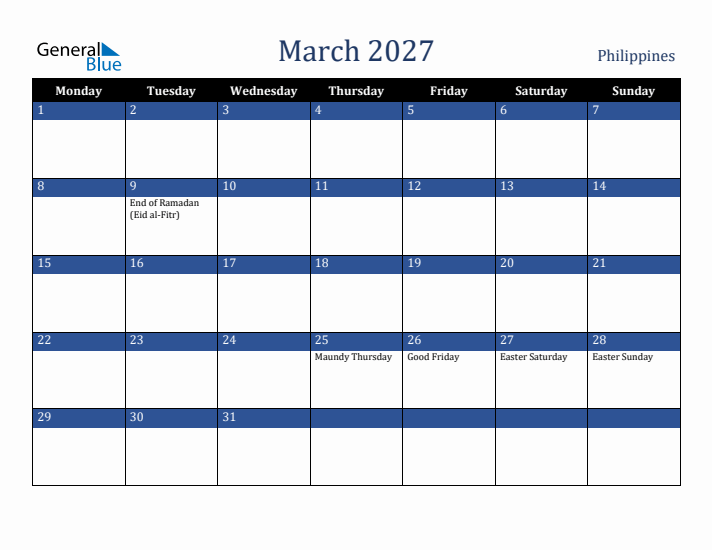 March 2027 Philippines Calendar (Monday Start)
