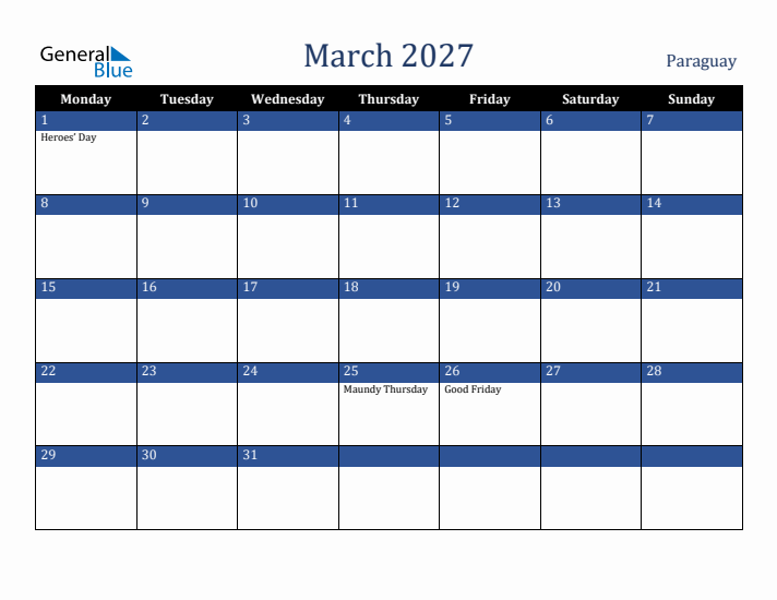 March 2027 Paraguay Calendar (Monday Start)