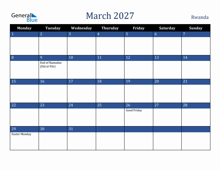 March 2027 Rwanda Calendar (Monday Start)