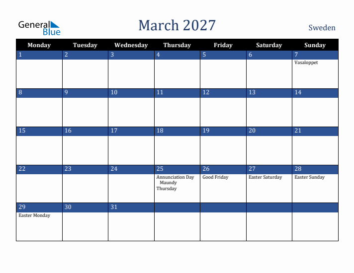 March 2027 Sweden Calendar (Monday Start)