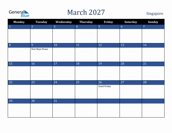 March 2027 Singapore Calendar (Monday Start)