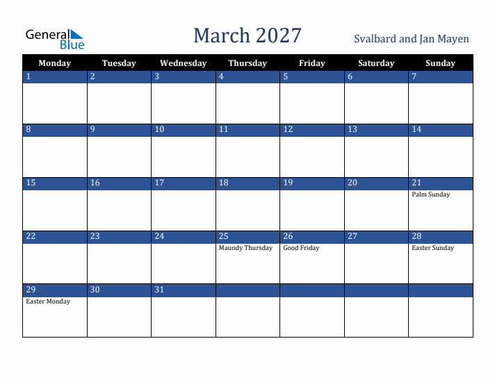 March 2027 Svalbard and Jan Mayen Calendar (Monday Start)