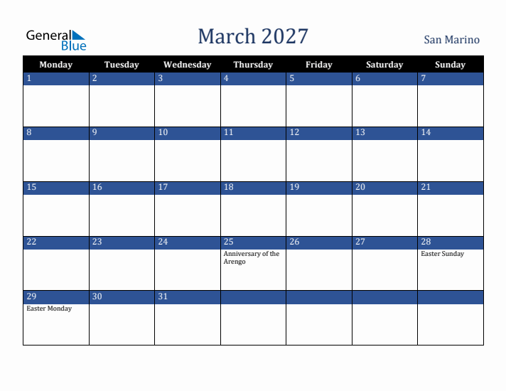 March 2027 San Marino Calendar (Monday Start)