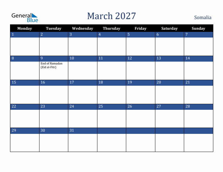 March 2027 Somalia Calendar (Monday Start)
