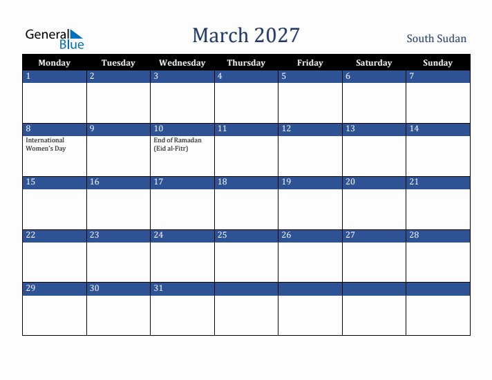 March 2027 South Sudan Calendar (Monday Start)
