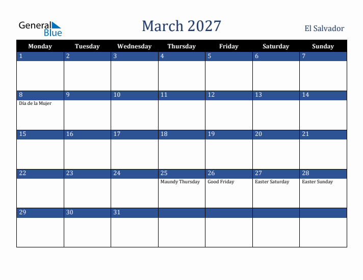 March 2027 El Salvador Calendar (Monday Start)