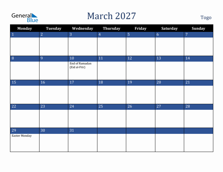 March 2027 Togo Calendar (Monday Start)