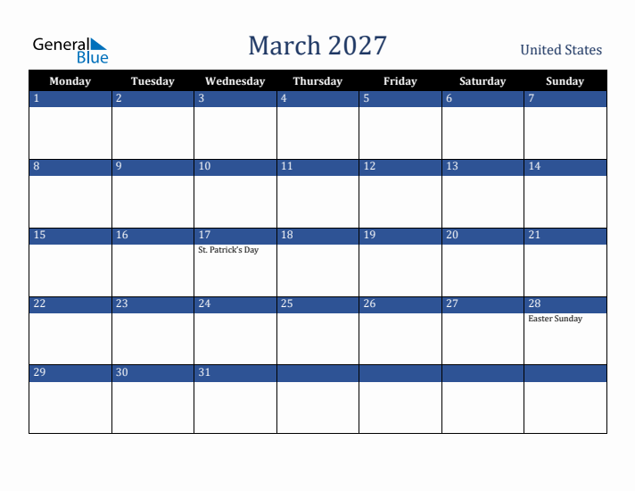 March 2027 United States Calendar (Monday Start)