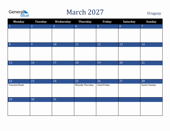 March 2027 Uruguay Calendar (Monday Start)