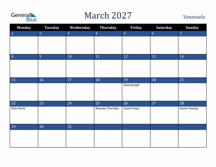 March 2027 Venezuela Calendar (Monday Start)