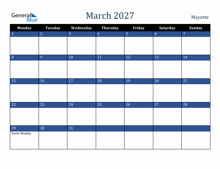 March 2027 Mayotte Calendar (Monday Start)
