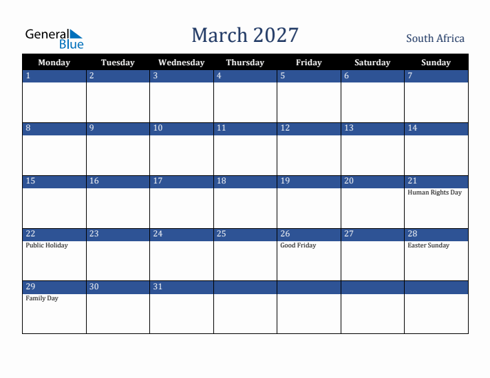 March 2027 South Africa Calendar (Monday Start)