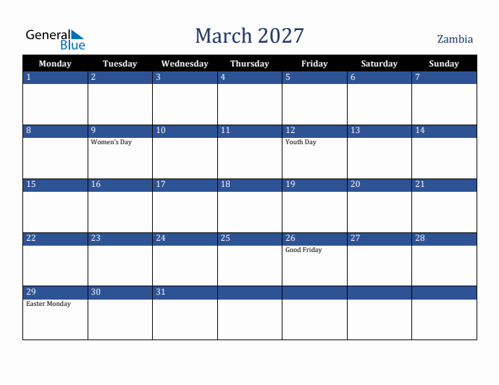 March 2027 Zambia Calendar (Monday Start)