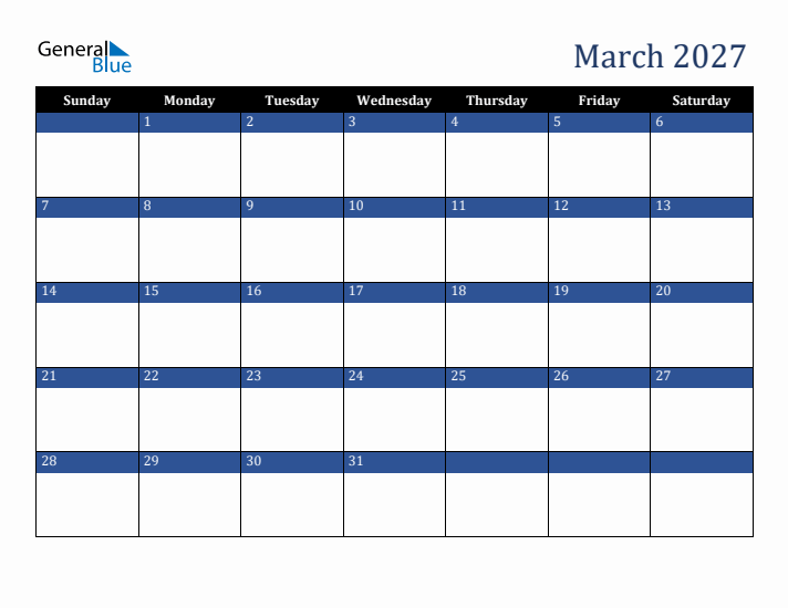 Sunday Start Calendar for March 2027