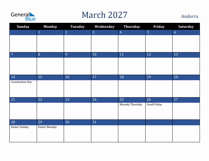 March 2027 Andorra Calendar (Sunday Start)