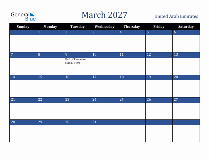 March 2027 United Arab Emirates Calendar (Sunday Start)