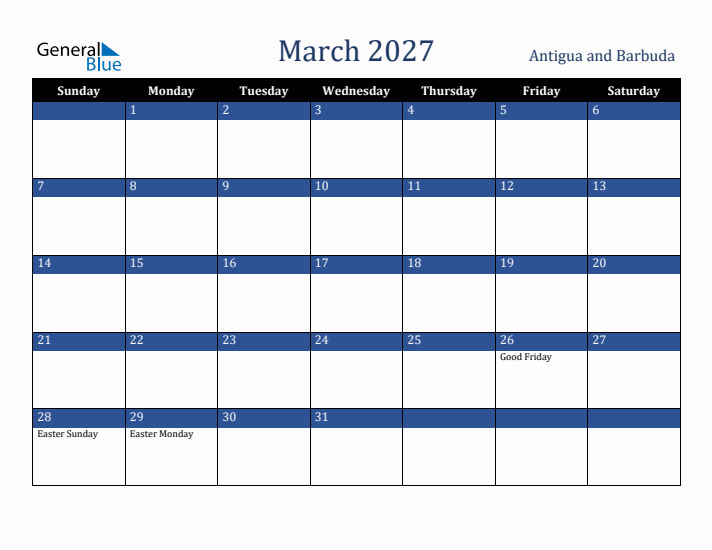 March 2027 Antigua and Barbuda Calendar (Sunday Start)