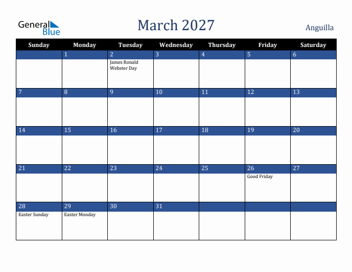 March 2027 Anguilla Calendar (Sunday Start)
