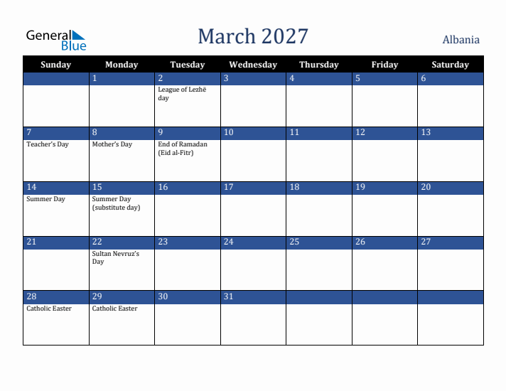 March 2027 Albania Calendar (Sunday Start)