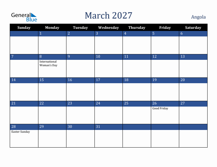 March 2027 Angola Calendar (Sunday Start)