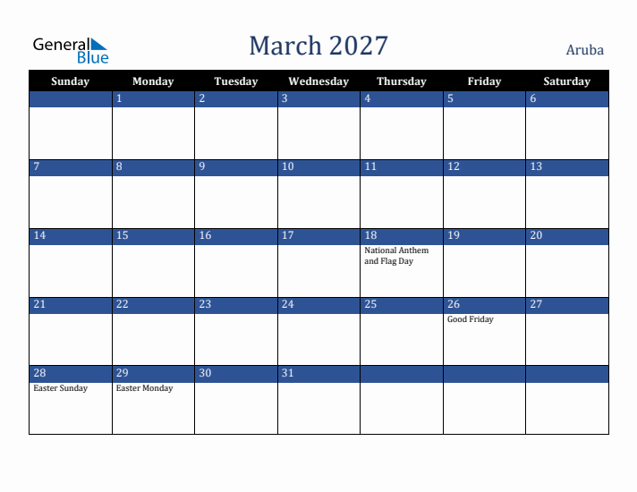 March 2027 Aruba Calendar (Sunday Start)