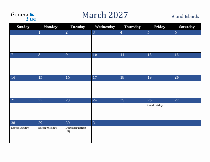 March 2027 Aland Islands Calendar (Sunday Start)