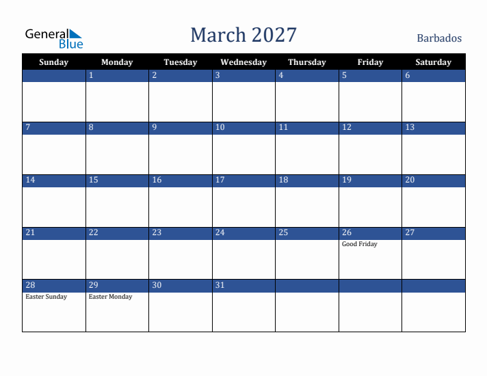 March 2027 Barbados Calendar (Sunday Start)