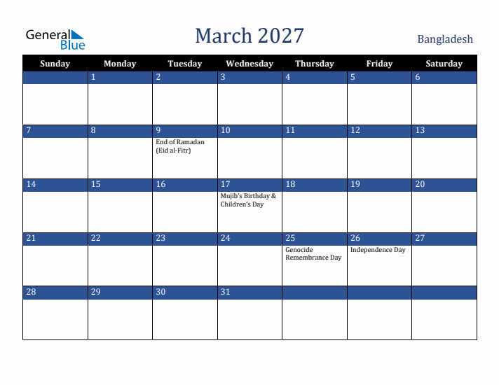March 2027 Bangladesh Calendar (Sunday Start)