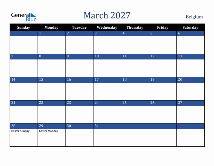 March 2027 Belgium Calendar (Sunday Start)