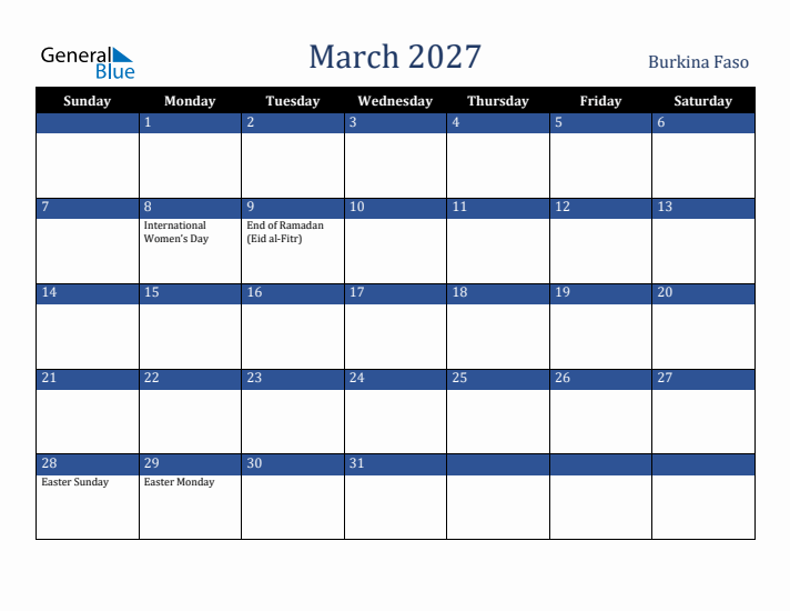 March 2027 Burkina Faso Calendar (Sunday Start)