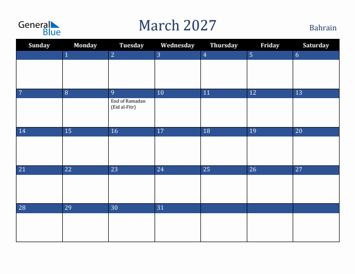 March 2027 Bahrain Calendar (Sunday Start)