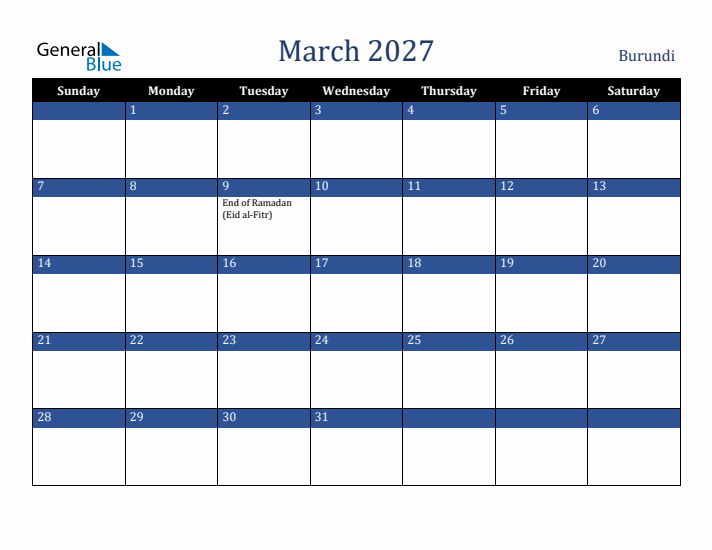 March 2027 Burundi Calendar (Sunday Start)