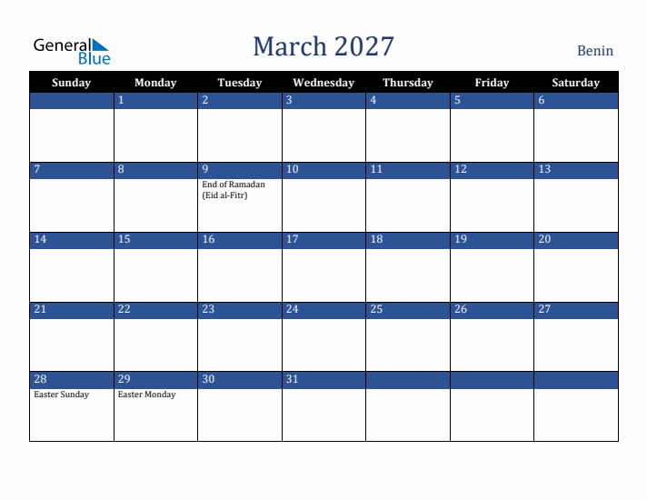 March 2027 Benin Calendar (Sunday Start)