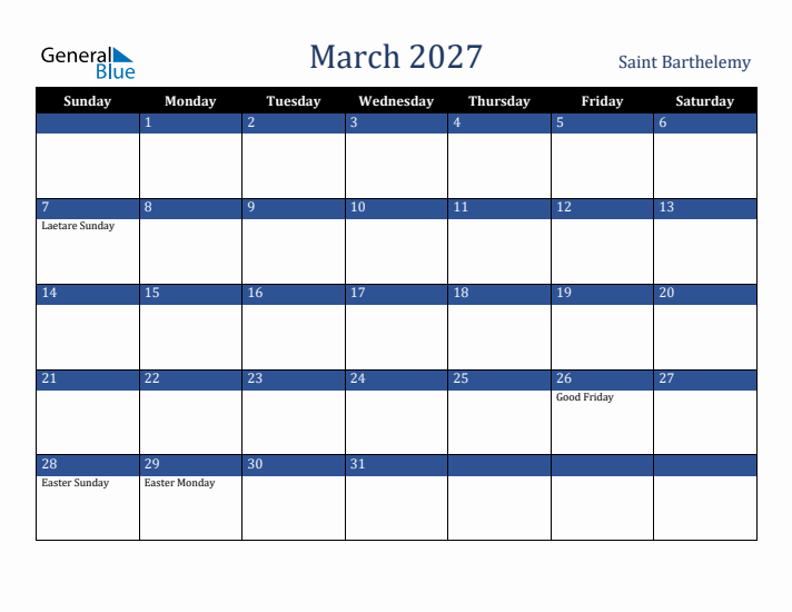 March 2027 Saint Barthelemy Calendar (Sunday Start)