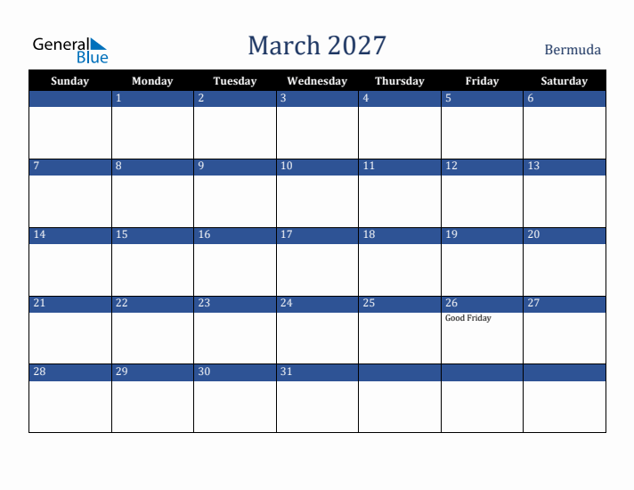 March 2027 Bermuda Calendar (Sunday Start)