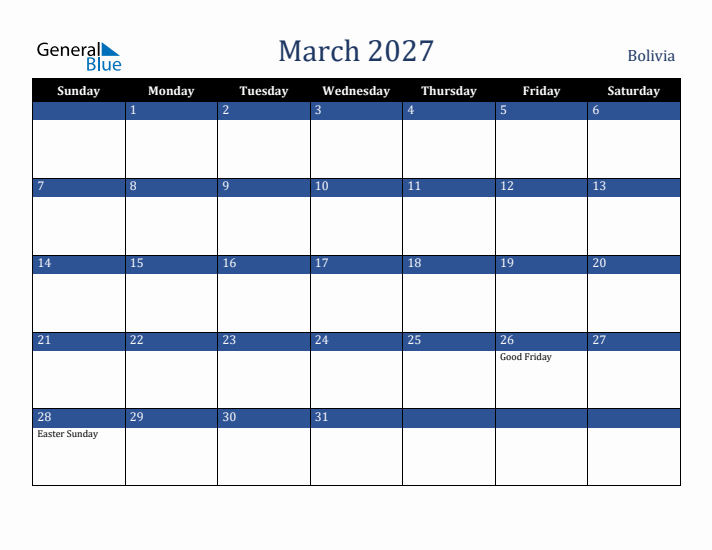 March 2027 Bolivia Calendar (Sunday Start)