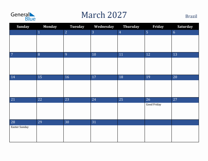 March 2027 Brazil Calendar (Sunday Start)