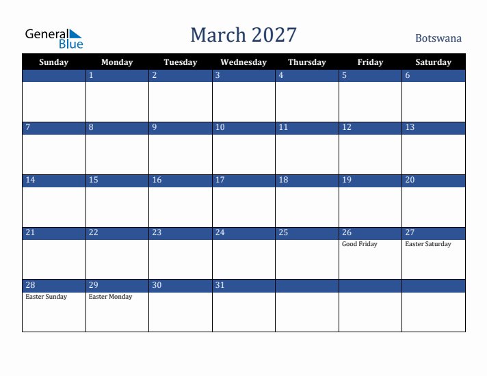 March 2027 Botswana Calendar (Sunday Start)