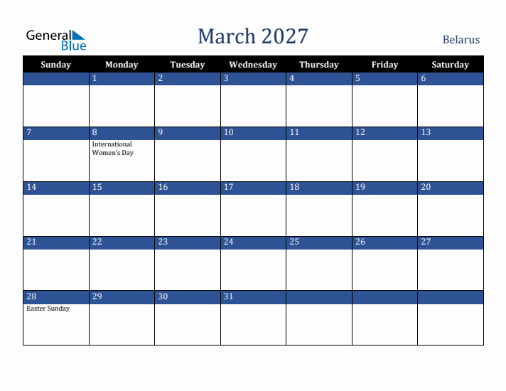 March 2027 Belarus Calendar (Sunday Start)