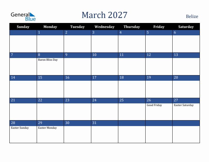 March 2027 Belize Calendar (Sunday Start)
