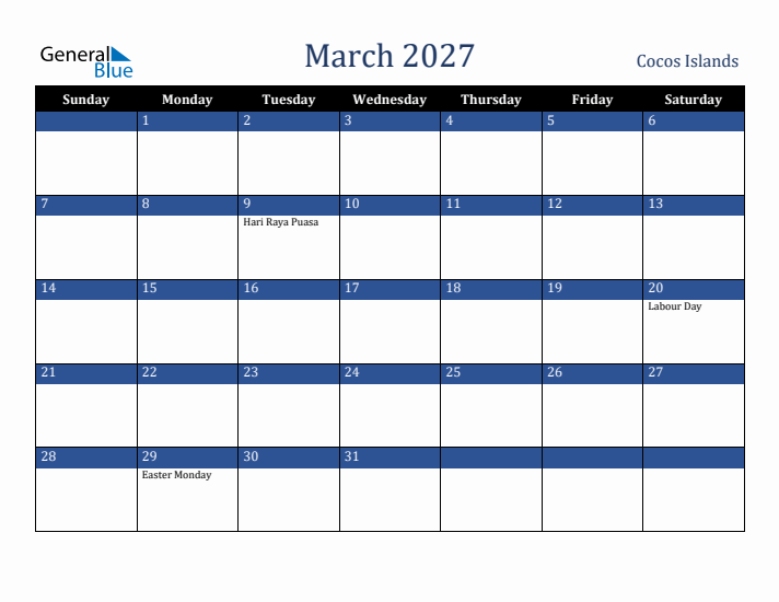 March 2027 Cocos Islands Calendar (Sunday Start)