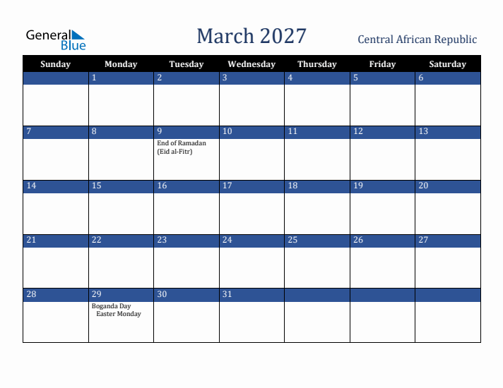 March 2027 Central African Republic Calendar (Sunday Start)
