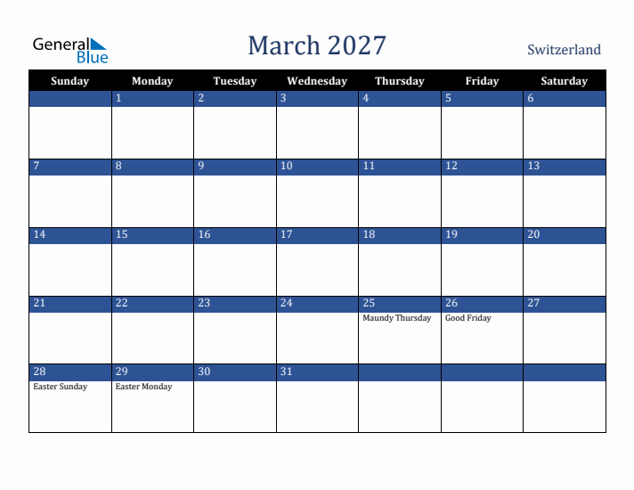 March 2027 Switzerland Calendar (Sunday Start)
