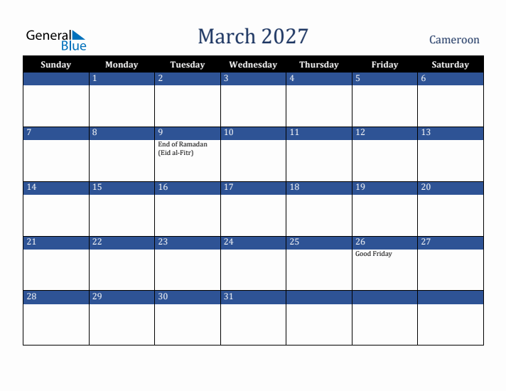 March 2027 Cameroon Calendar (Sunday Start)