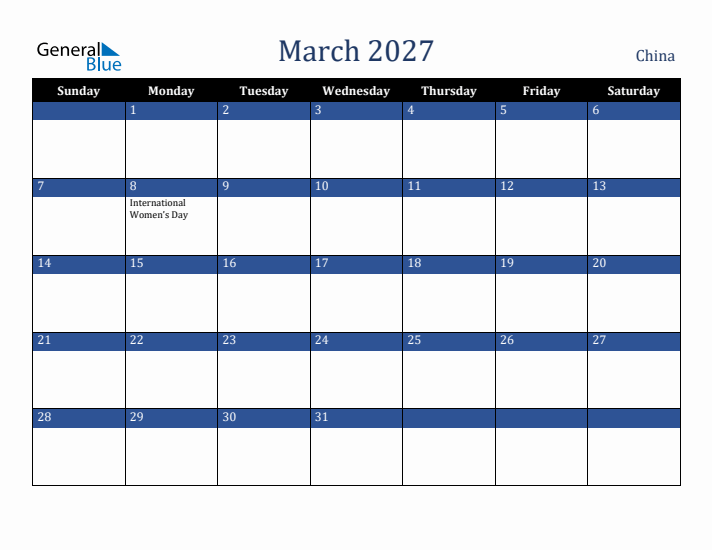 March 2027 China Calendar (Sunday Start)