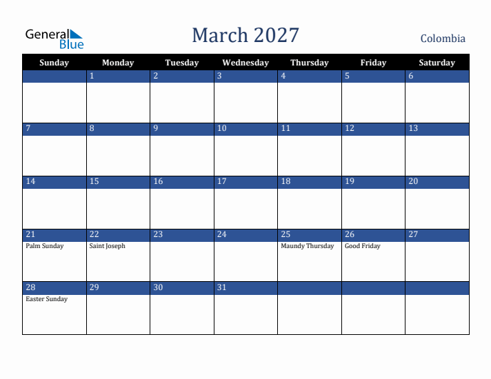 March 2027 Colombia Calendar (Sunday Start)